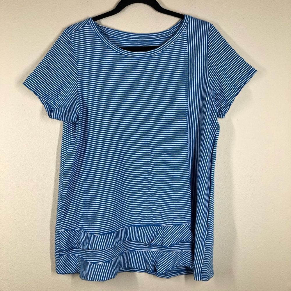 Soft Surroundings Cora Striped Short Sleeve Tee Shirt Blue White Top Large